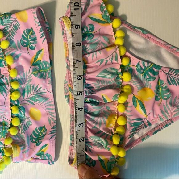 Nicole Miller 2 PC Tropical Pink Green Pom Pom Bikini Swimsuit UPF 50 Girl S 7/8 - Picture 4 of 10